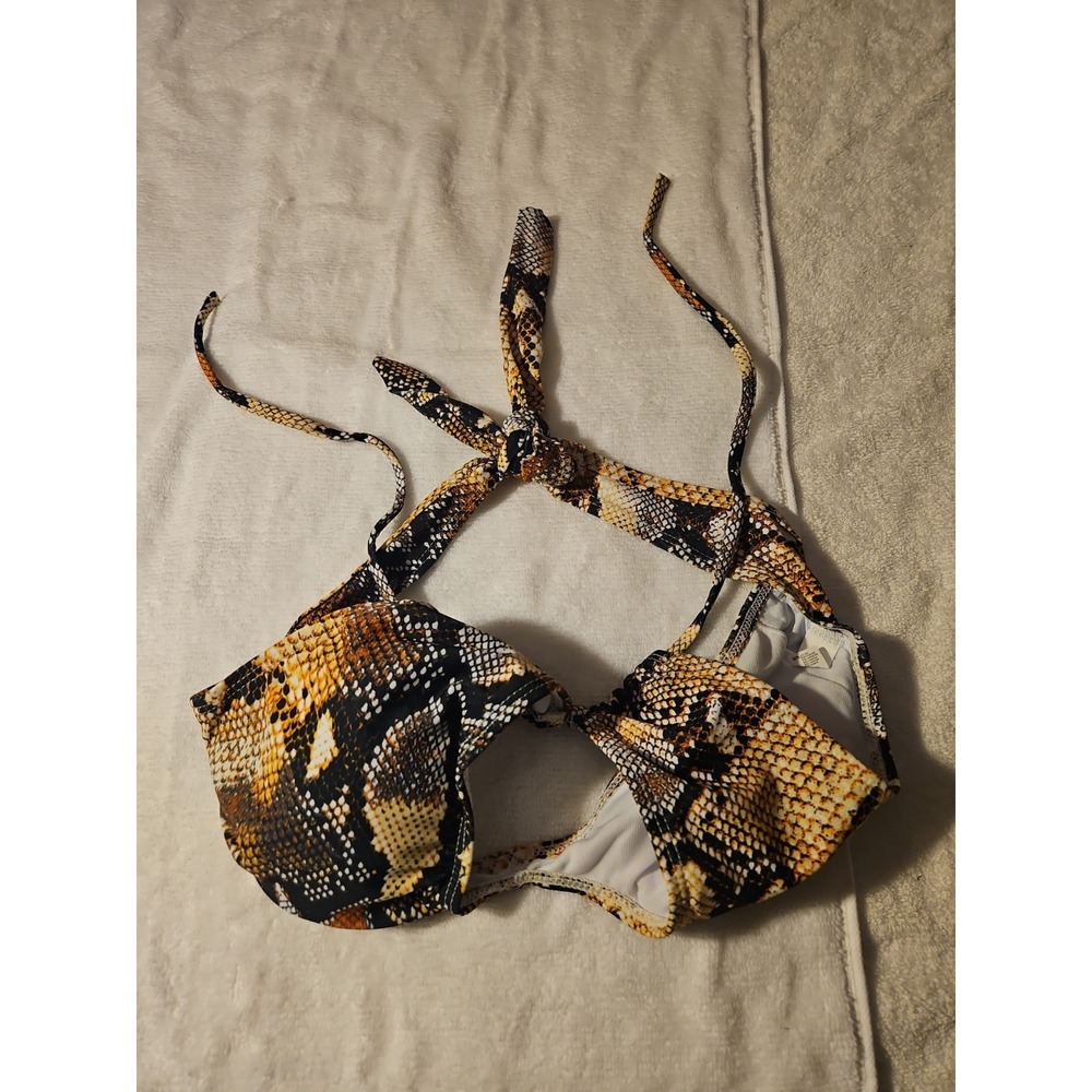 Womens Snakeskin Print Bikini Set High‎ Waisted Crossover Halter Top Brown Tan M